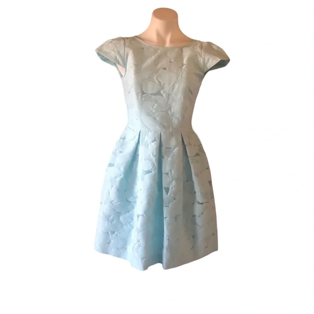 Ted Baker Baby Blue Laureto Fit & Flare Lace Dress Pleated Skirt Net Cut Outs - Picture 3 of 16
